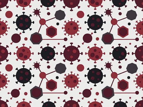 Seamless pattern of geometric virus icons in red and black on white background