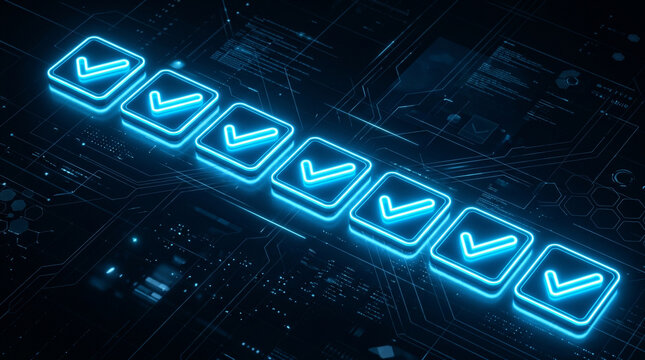 Futuristic abstract background featuring multiple glowing blue neon check marks arranged in diagonal row signifying successful verification process task completion and positive status.