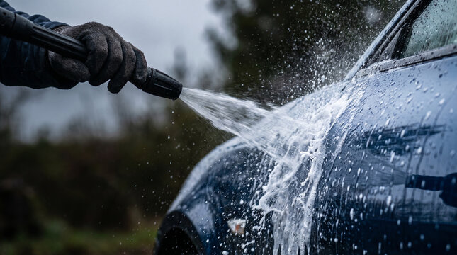 Washing blue car hood with high pressure water and soap foam for car detailing service close up of nozzle spraying soapy solution on automotive surface for deep exterior cleaning.