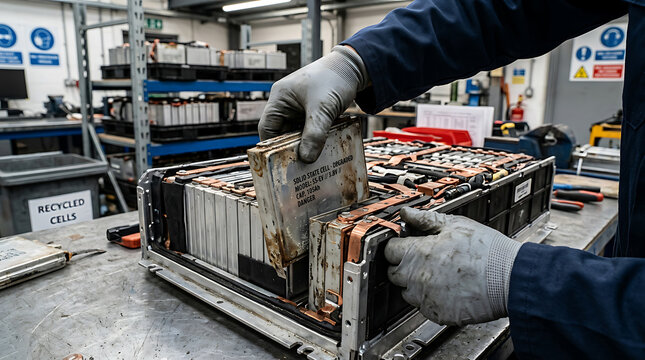 Person handling battery cells in workshop