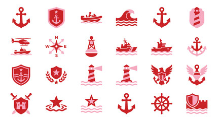 Collection of nautical and maritime icons in red and pink, featuring anchors, ships, lighthouses, and shields. © xavier