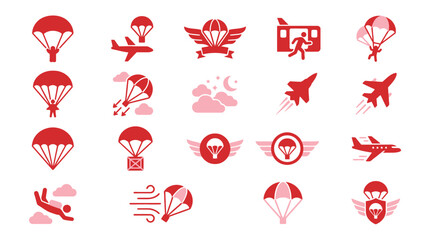 Collection of red icons representing parachuting, skydiving, and aviation elements. © xavier