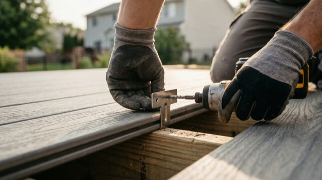Professional carpenter using cordless impact driver to secure metal fastener screw into composite deck board during home exterior renovation project under bright natural afternoon sunlight.