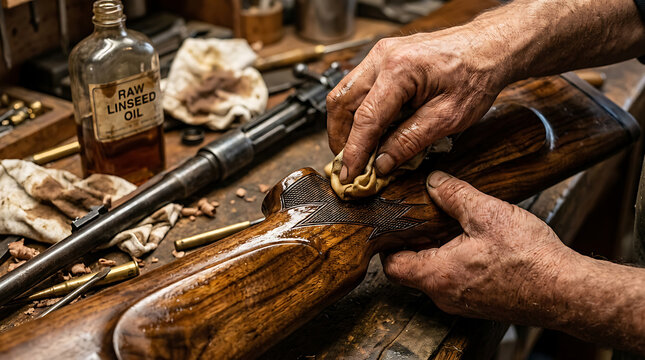 Person polishing wooden rifle stock