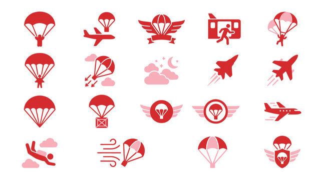 Collection of red icons representing parachuting, skydiving, and aviation elements.