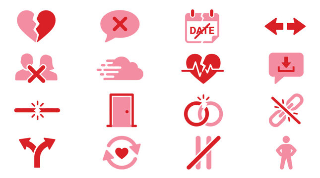 Set of icons representing relationship problems, breakups, and separation in pink and red colors.