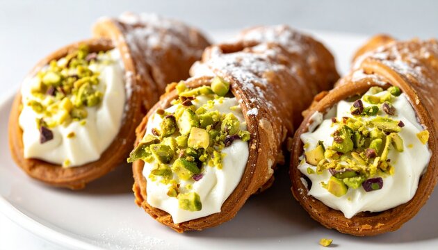 Traditional cannoli filled with ricotta cream and pistachios, authentic Italian dessert scene