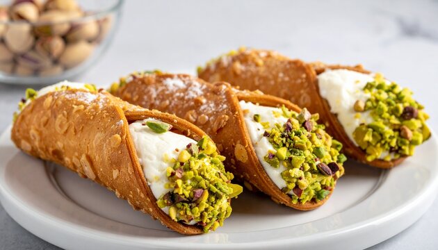 Traditional cannoli filled with ricotta cream and pistachios, authentic Italian dessert scene