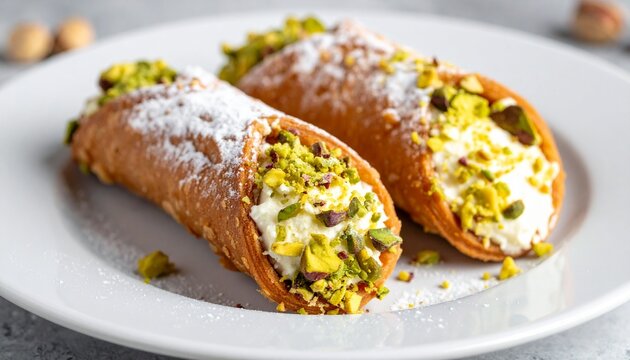 Traditional cannoli filled with ricotta cream and pistachios, authentic Italian dessert scene