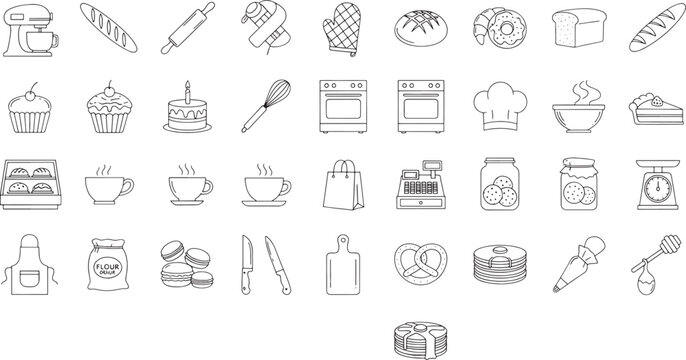 Black and white line of baking and cooking tools and ingredients line black and white 1