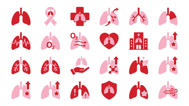 Collection of icons representing lungs and respiratory health, including medical symbols and disease awareness.