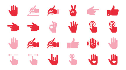 Collection of hand gesture icons in red and pink, representing various actions and symbols. © xavier
