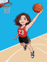Naklejka premium Cartoon Female Athlete Performing Basketball Layup on Court