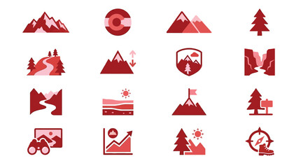 Collection of stylized mountain and nature icons in shades of red and pink, perfect for travel and outdoor themes. © xavier