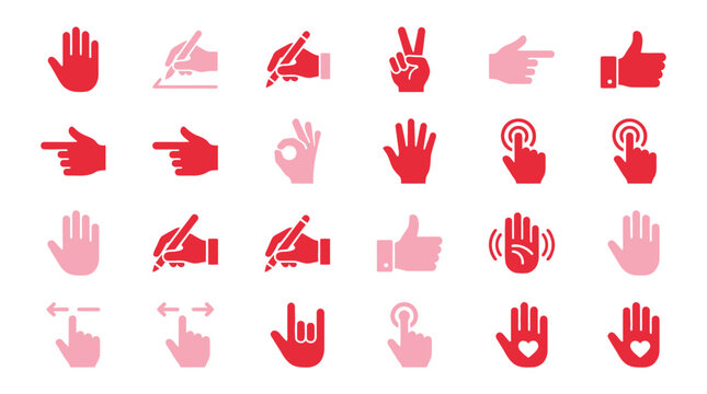 Collection of hand gesture icons in red and pink, representing various actions and symbols.