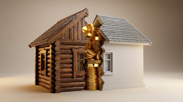 Two halves of house showing stacks of gold coins, real estate division, property dispute, divorce asset split, financial concept, wealth.