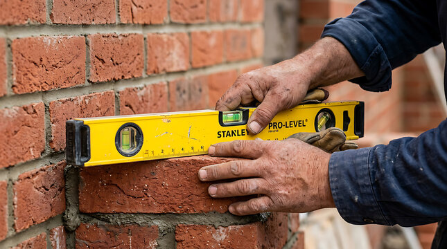 Builder using level tool on brick wall