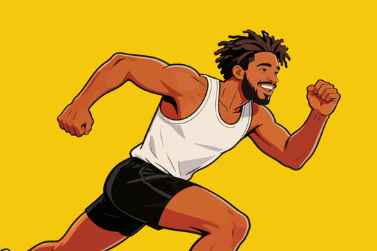 Cartoon Black Male Athlete Running Outdoors