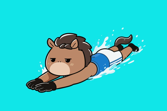 Cute anthropomorphic horse swimming in cartoon style