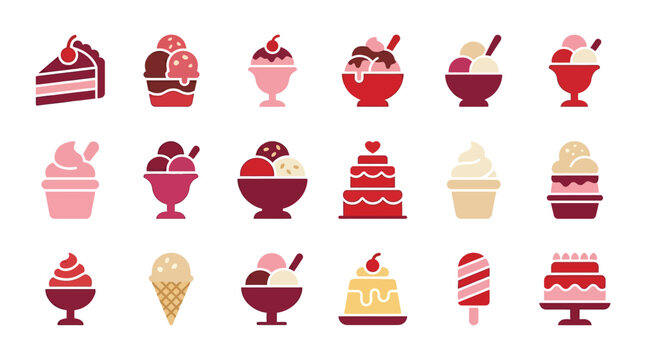 Collection of colorful and delicious ice cream and cake illustrations in a flat design style.