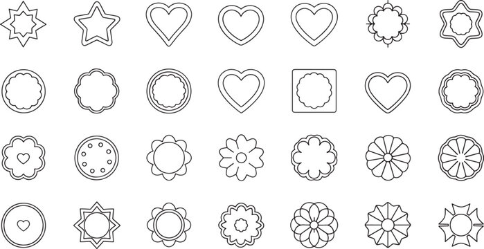 Set of black and white outline shapes including hearts stars flowers and circles