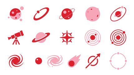 Collection of stylized space and astronomy icons in red and pink. © xavier
