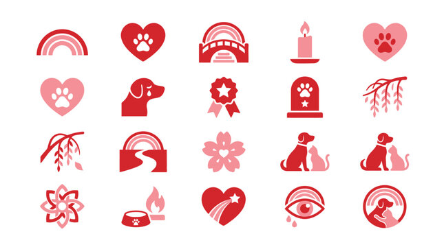Collection of red and pink icons representing love, pets, and nature, including hearts, rainbows, flowers, and animals.