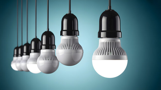 Luminous LED light bulb glowing among hanging lamps, bright white lightbulb representing innovation and leadership, energy efficient lighting technology for creative business ideas and solutions.