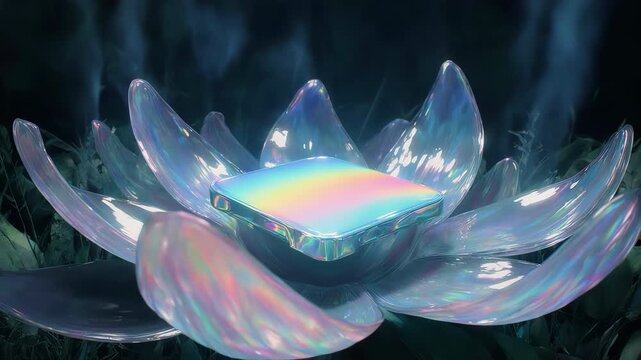 Iridescent pearl platform resting on translucent, oversized alien flora for surreal product showcase