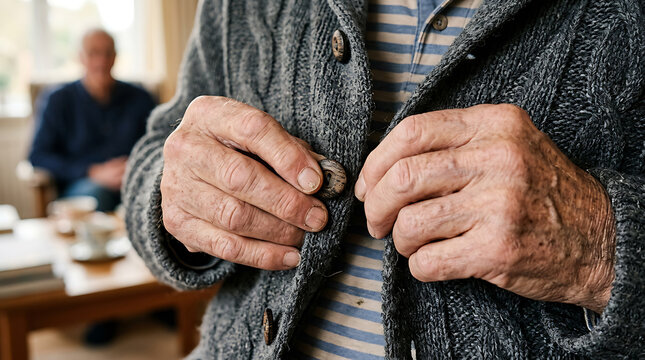 Elderly person buttoning sweater