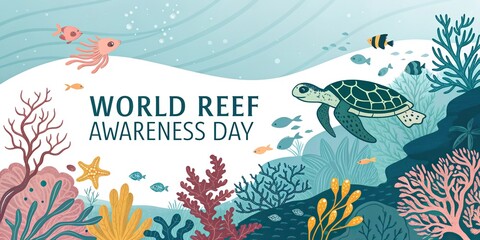 Fototapeta premium Colorful coral reef with tropical fish underwater ocean scene World Reef Day banner
