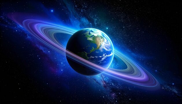 The Earth is stunning, surrounded by a beautiful ring of purple and blue gradients. A backdrop of space and stars, cosmic clouds. Majestic, mysterious, full of the wonders of the vast universe.