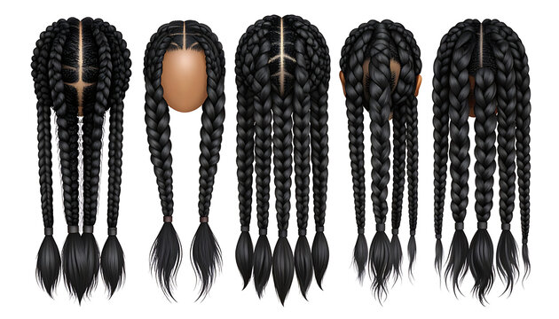 Set of braided hairstyles showing back view of dark hair styled in long, thick cornrows with hanging braids, perfect for beauty and fashion concepts