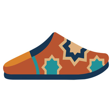 Traditional Moroccan babouche slipper illustration decorated with geometric ethnic ornament in warm decorative vector style isolated on white background