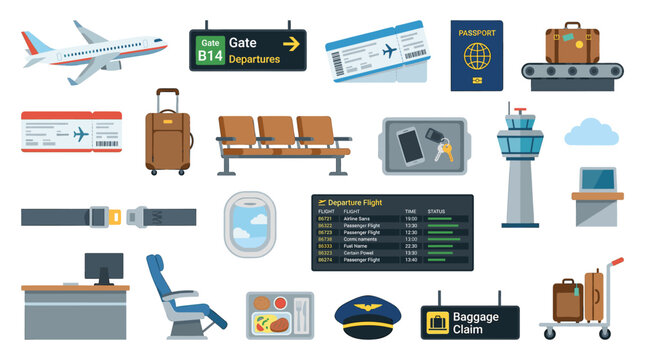 Collection of airport and aviation flat vector icons featuring airplane luggage passport tickets departure board and air travel elements for vacation and tourism graphic design projects.
