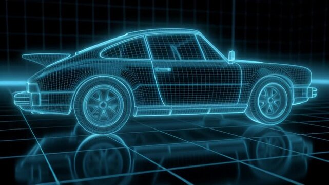 Futuristic hologram classic car wireframe rotating in digital space 3D render