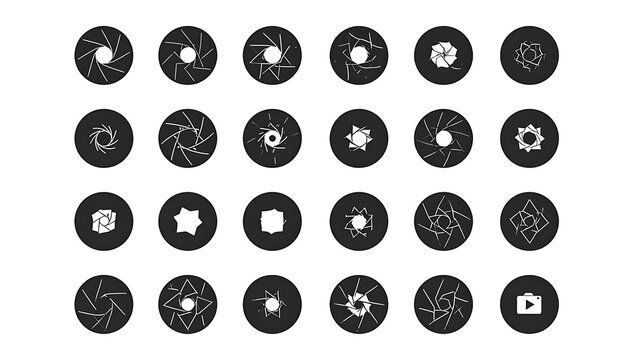 Set of circular icons representing camera aperture settings, diaphragm blades, and lens elements, for photography concepts