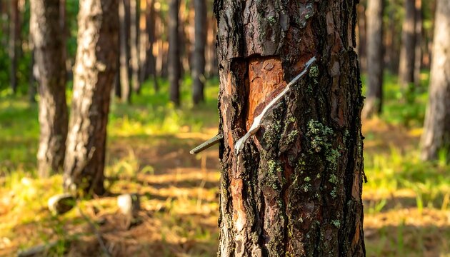 Close-up of a pine tree trunk with a small metal tool and a gash. The background is a blurred forest scene