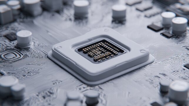 close-up of a microprocessor installed on a computer motherboard with electronic components and