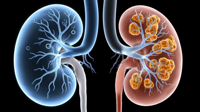 Two kidneys are shown one healthy and one with kidney stones.