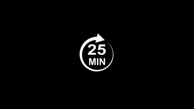 arrow Loop refresh icon and 25 min timer icon animation on black background. Circular arrow timer icon 25 Min animation. 25 Minutes Time Loop animation