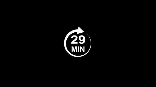 arrow Loop refresh icon and 29 min timer icon animation on black background. Circular arrow timer icon 29 Min animation. 29 Minutes Time Loop animation