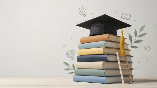 Graduation cap on top of a book stack with a wooden ladder and minimalist line art icons, representing educational growth and academic success