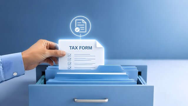 Hand pulling out a glowing digital tax form hologram from a blue filing cabinet drawer, illustrating online tax filing and digital accounting concepts