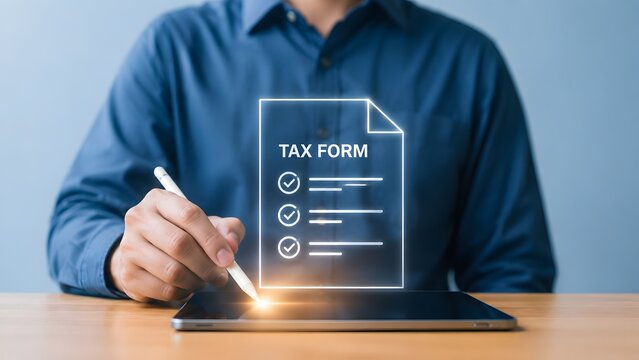 Businessman using a stylus pen on a tablet with a virtual glowing tax form hologram, representing modern digital tax return preparation and financial tech