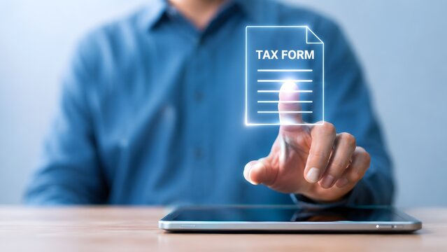 Close up of a person pressing a glowing virtual tax form icon above a digital tablet, symbolizing electronic tax filing and digital financial management