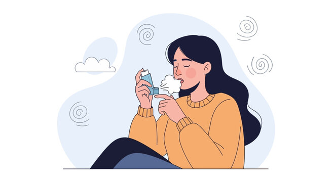 Woman using inhaler for asthma relief