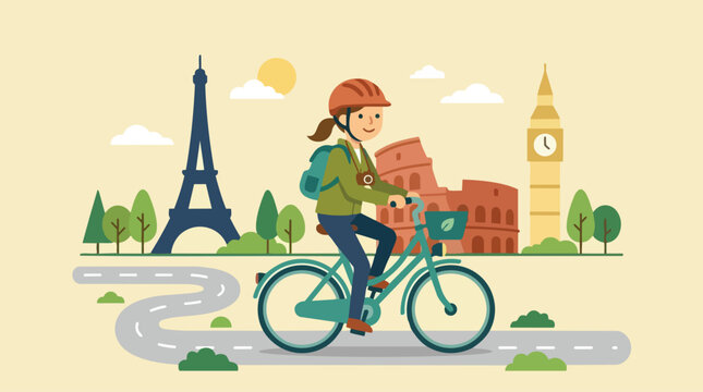 Happy girl on a bike, representing active urban mobility and eco-friendly city travel with famous landmarks in the background