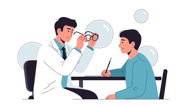 Optometrist examining patient's eyes with glasses, optometry clinic