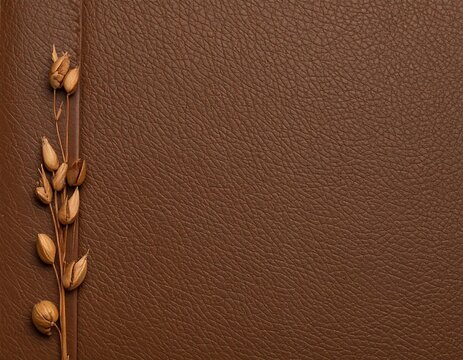 Close-up of a textured, brown leather surface with a vertical accent of dried seed pods. The composition evokes natural elegance